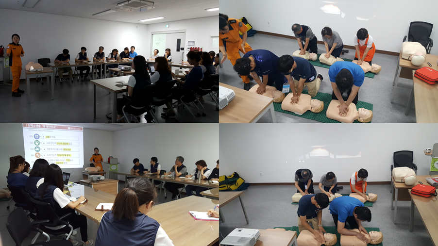 전직원이 한 곳에 모여 응급처치 및 위급시 대처 방안에 대해 교육을 듣는 사진