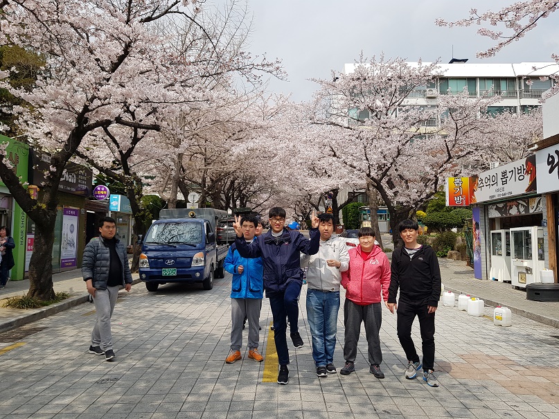 직업적응훈련반 훈련생들이 벚꽃이 핀 거리에 서서 찍은 사진