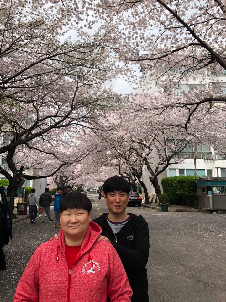 훈련생이 벚꽃이 핀 거리를 걷고있는 모습