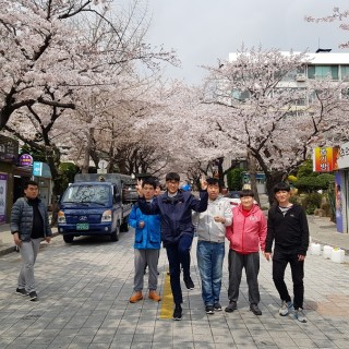 직업적응훈련반 훈련생들이 벚꽃이 핀 거리에 서서 찍은 사진